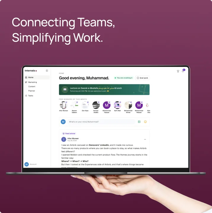 Internals team collaboration platform on a laptop — Connecting Teams, Simplifying Work