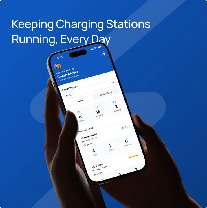 Service4Charger field technician mobile app on a phone — Keeping Charging Stations Running, Every Day